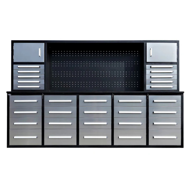 9.5ft Heavy Duty Storage Workbench with 30 Drawers, 2 Cabinets & Pegboard