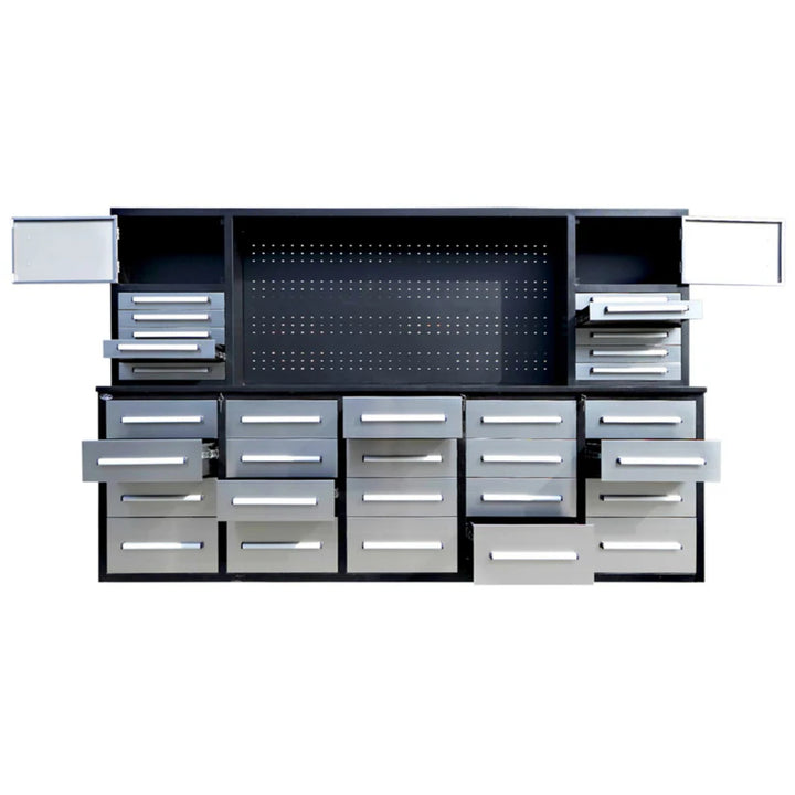 9.5ft Heavy Duty Storage Workbench with 30 Drawers, 2 Cabinets & Pegboard