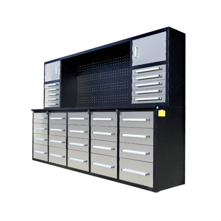 9.5ft Heavy Duty Storage Workbench with 30 Drawers, 2 Cabinets & Pegboard