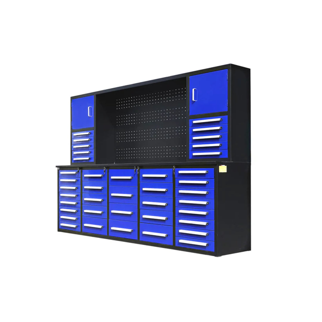 10ft Heavy Duty Workbench Cabinet with 40 Drawers, 2 Cabinets & Pegboard