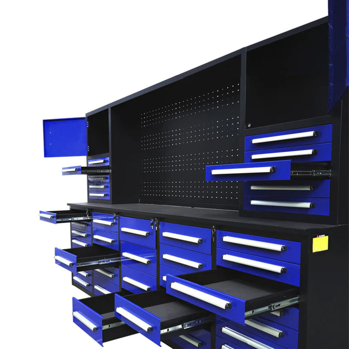 10ft Heavy Duty Workbench Cabinet with 40 Drawers, 2 Cabinets & Pegboard