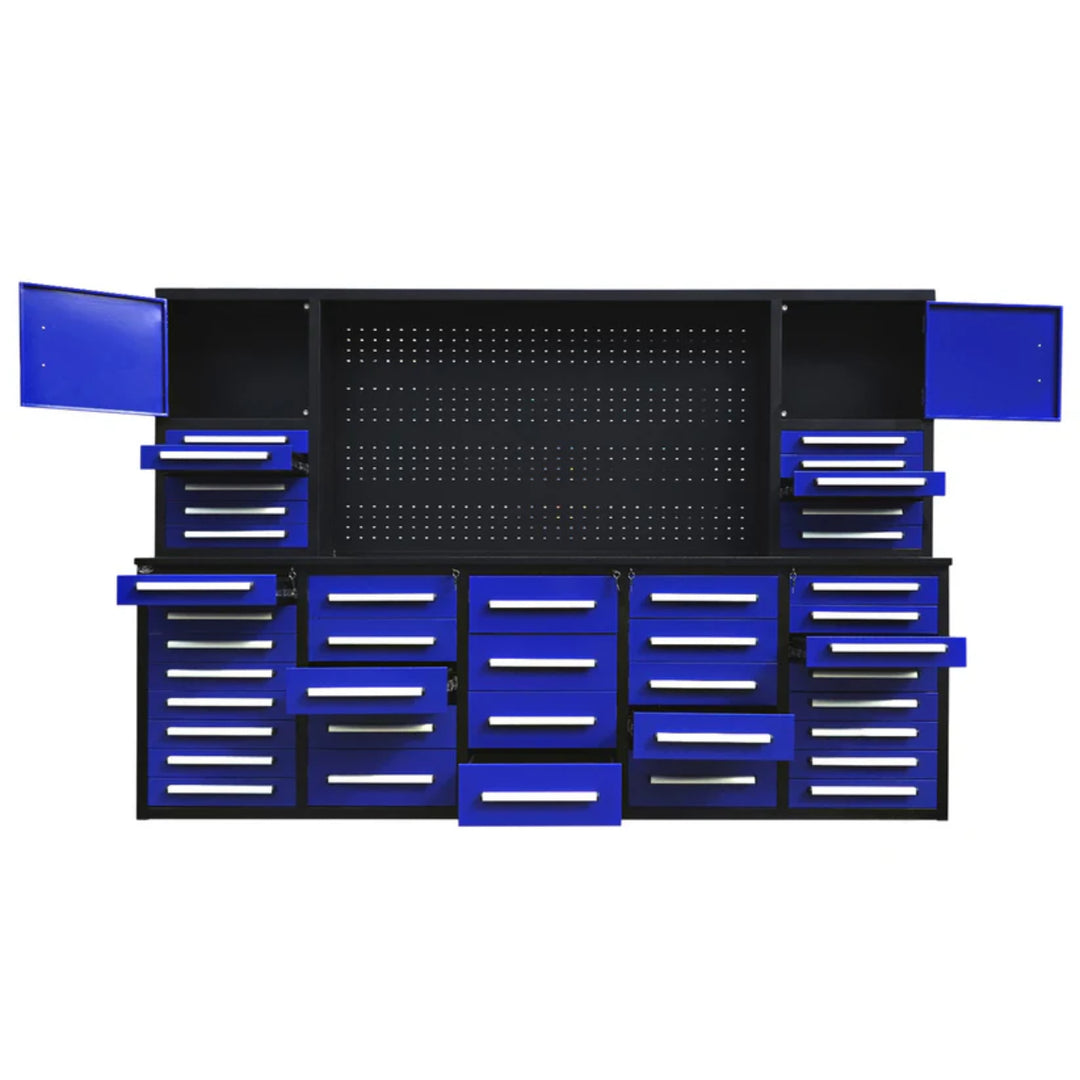 10ft Heavy Duty Workbench Cabinet with 40 Drawers, 2 Cabinets & Pegboard