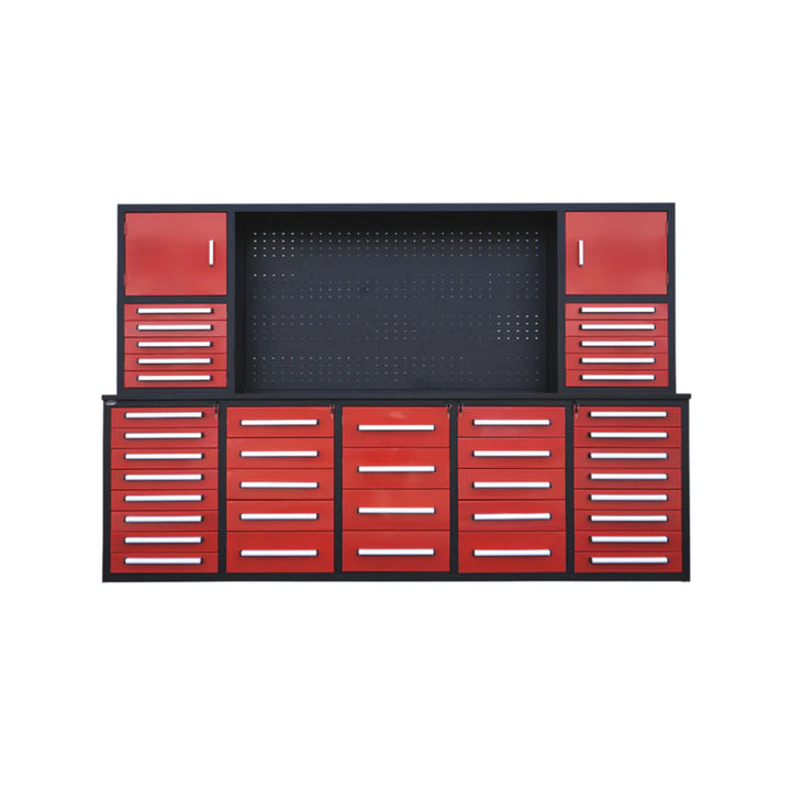 10ft Heavy Duty Workbench Cabinet with 40 Drawers, 2 Cabinets & Pegboard