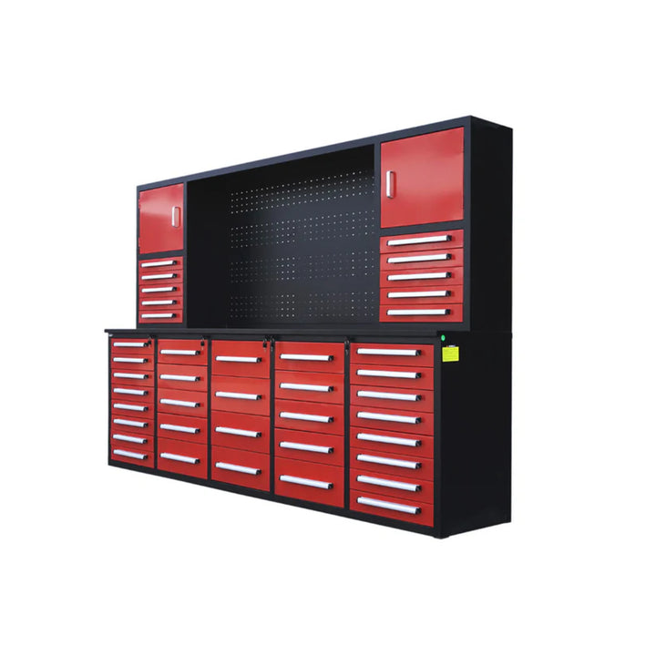 10ft Heavy Duty Workbench Cabinet with 40 Drawers, 2 Cabinets & Pegboard
