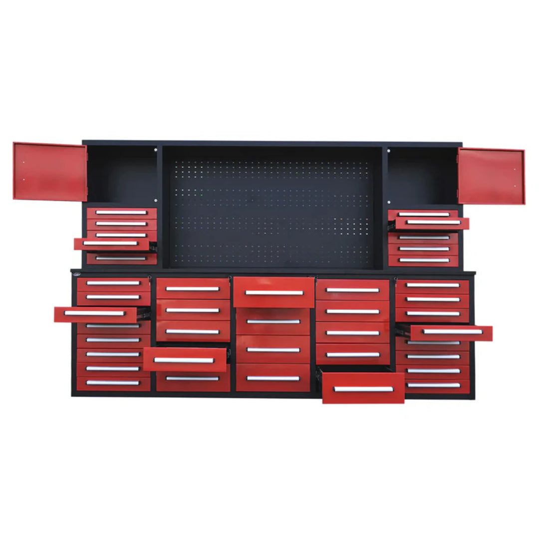 10ft Heavy Duty Workbench Cabinet with 40 Drawers, 2 Cabinets & Pegboard