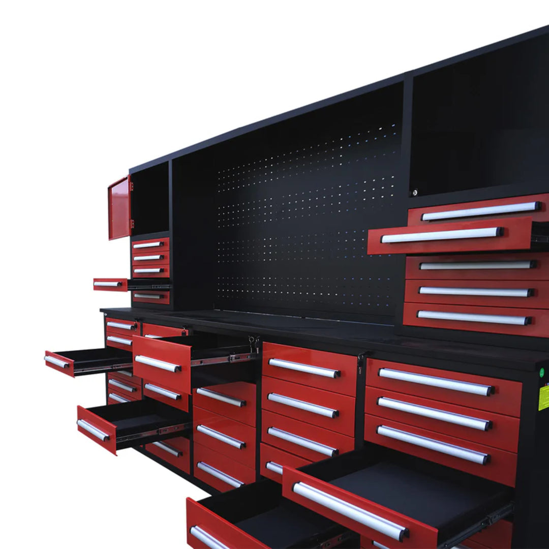 10ft Heavy Duty Workbench Cabinet with 40 Drawers, 2 Cabinets & Pegboard