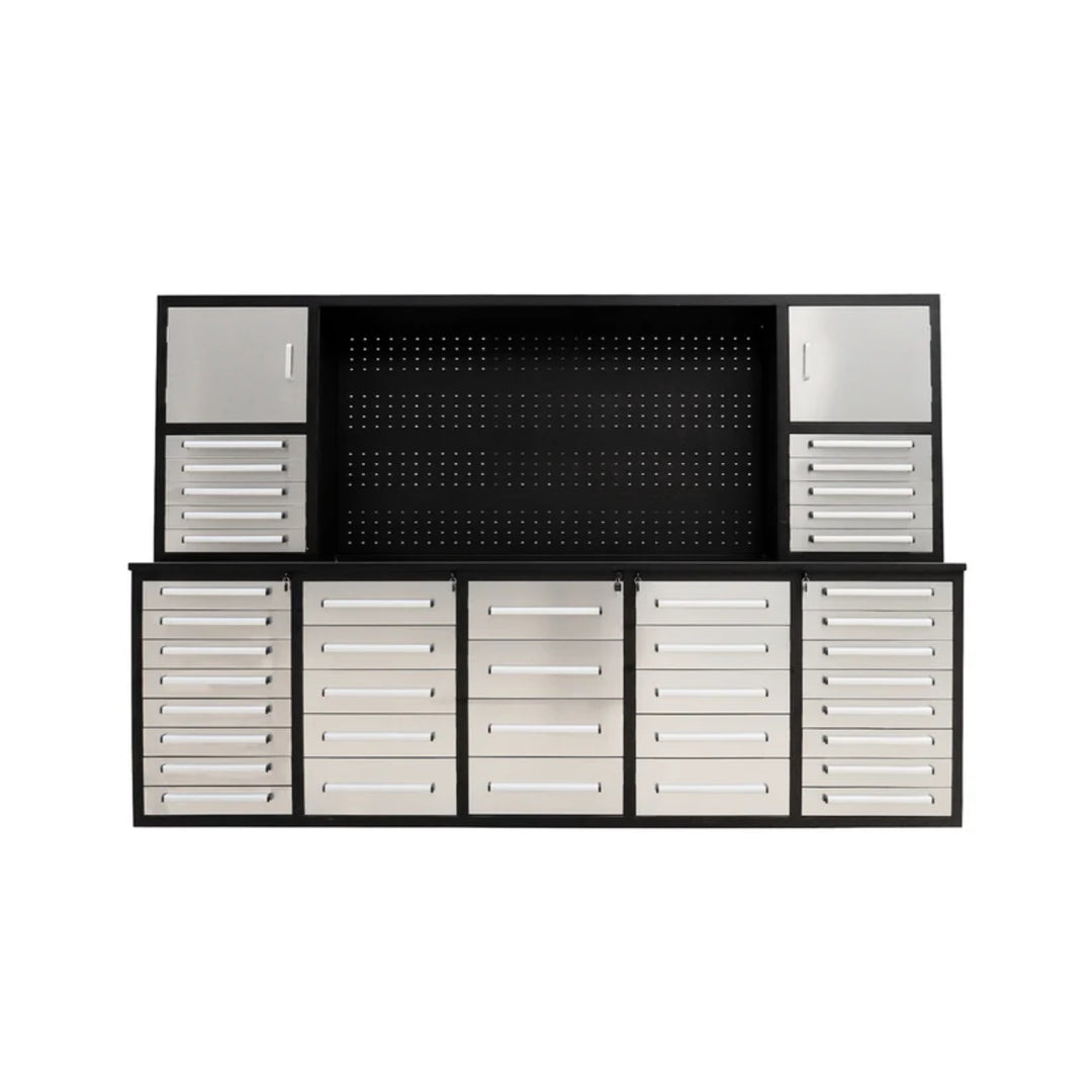 10ft Heavy Duty Workbench Cabinet with 40 Drawers, 2 Cabinets & Pegboard