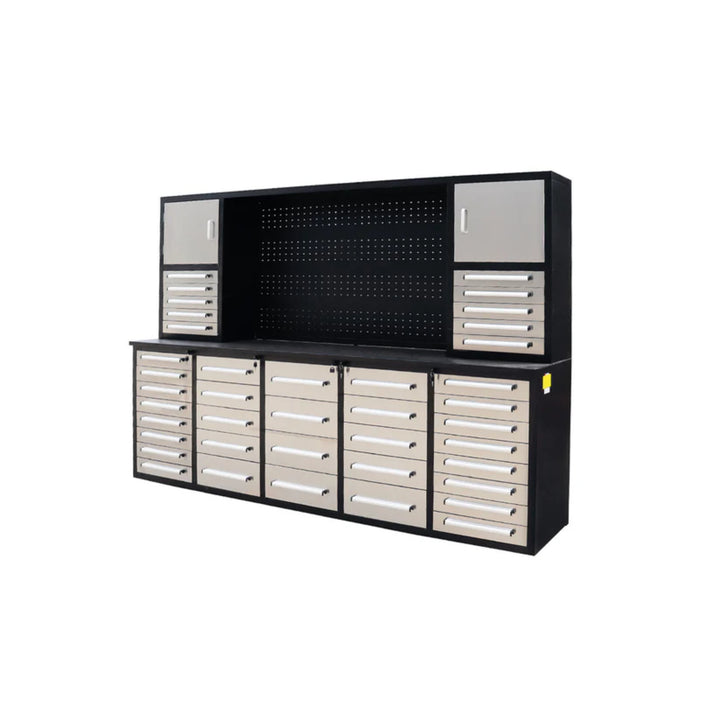 10ft Heavy Duty Workbench Cabinet with 40 Drawers, 2 Cabinets & Pegboard