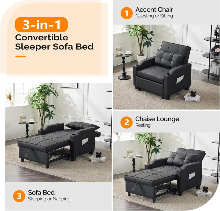 Black Multifunctional Sleeper Chair Sofa Bed Usb Ports
