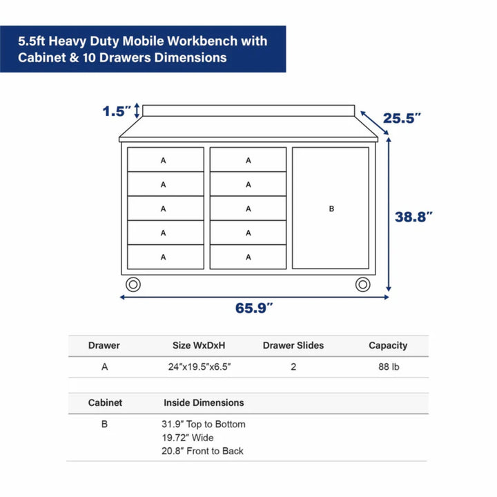5.5ft Heavy Duty Mobile Workbench with 10 Drawers & 1 Cabinet