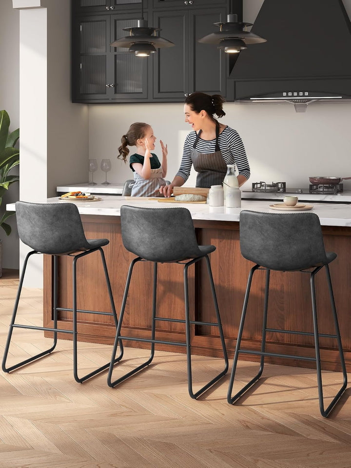 Gray Faux Leather Bar Stools Set Of 3 26 Inch Counter