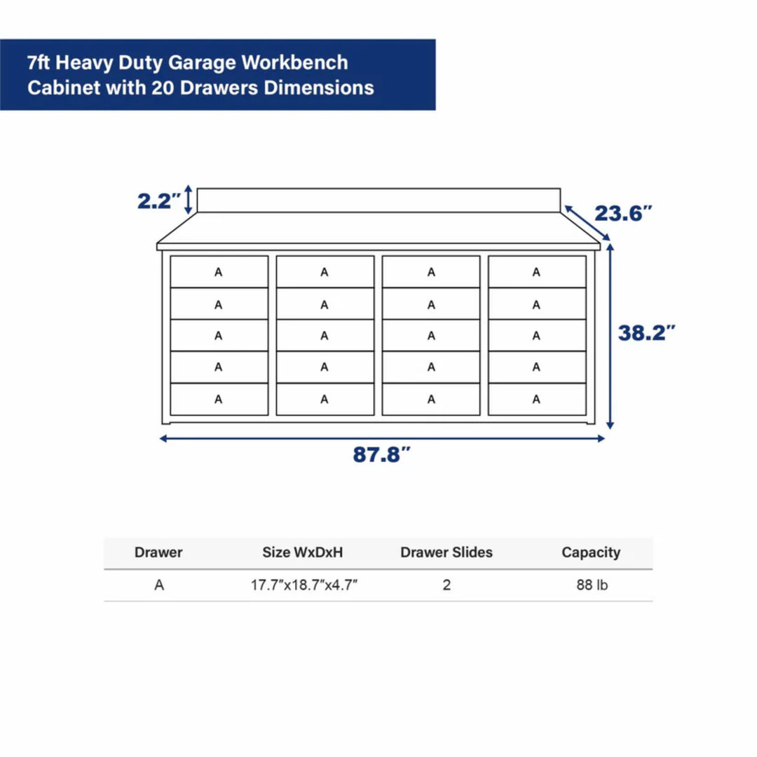 7ft Heavy Duty Garage Workbench Cabinet (20 Drawers)
