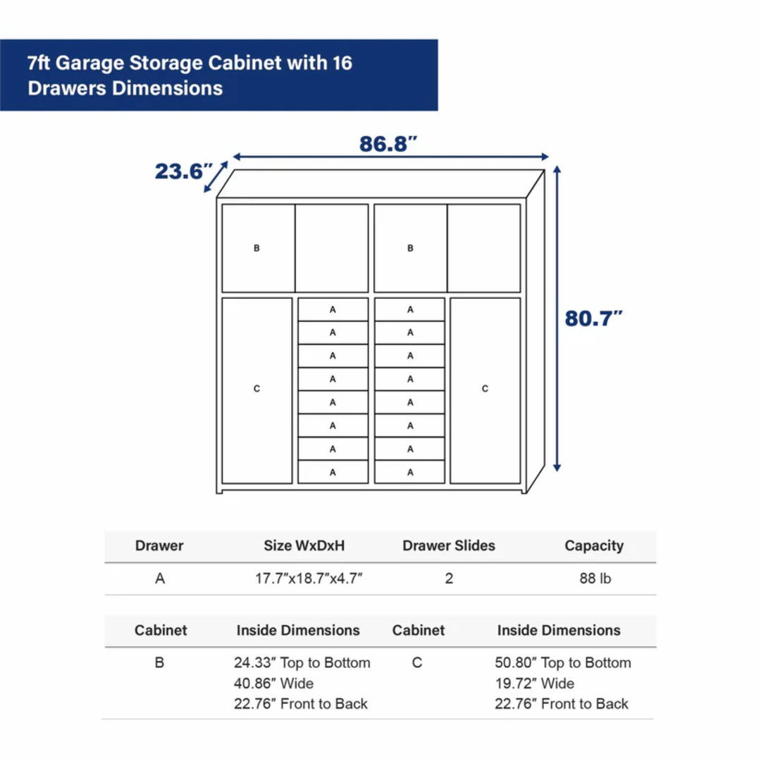 7ft Heavy Duty Garage Storage Cabinet with 16 Drawers & Lockable Cabinets