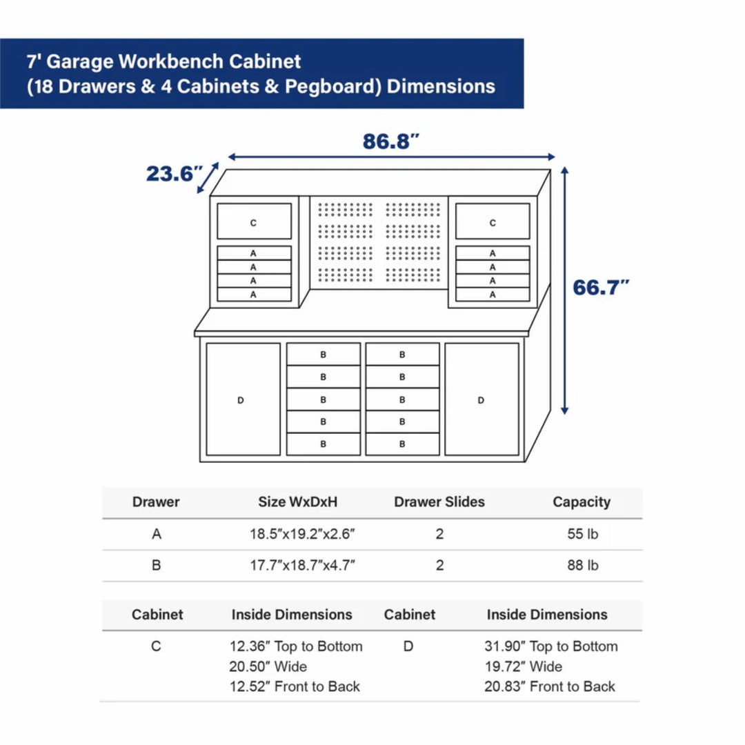 7 ft Garage Workbench Cabinet – 18 Drawers, 4 Cabinets & Pegboard