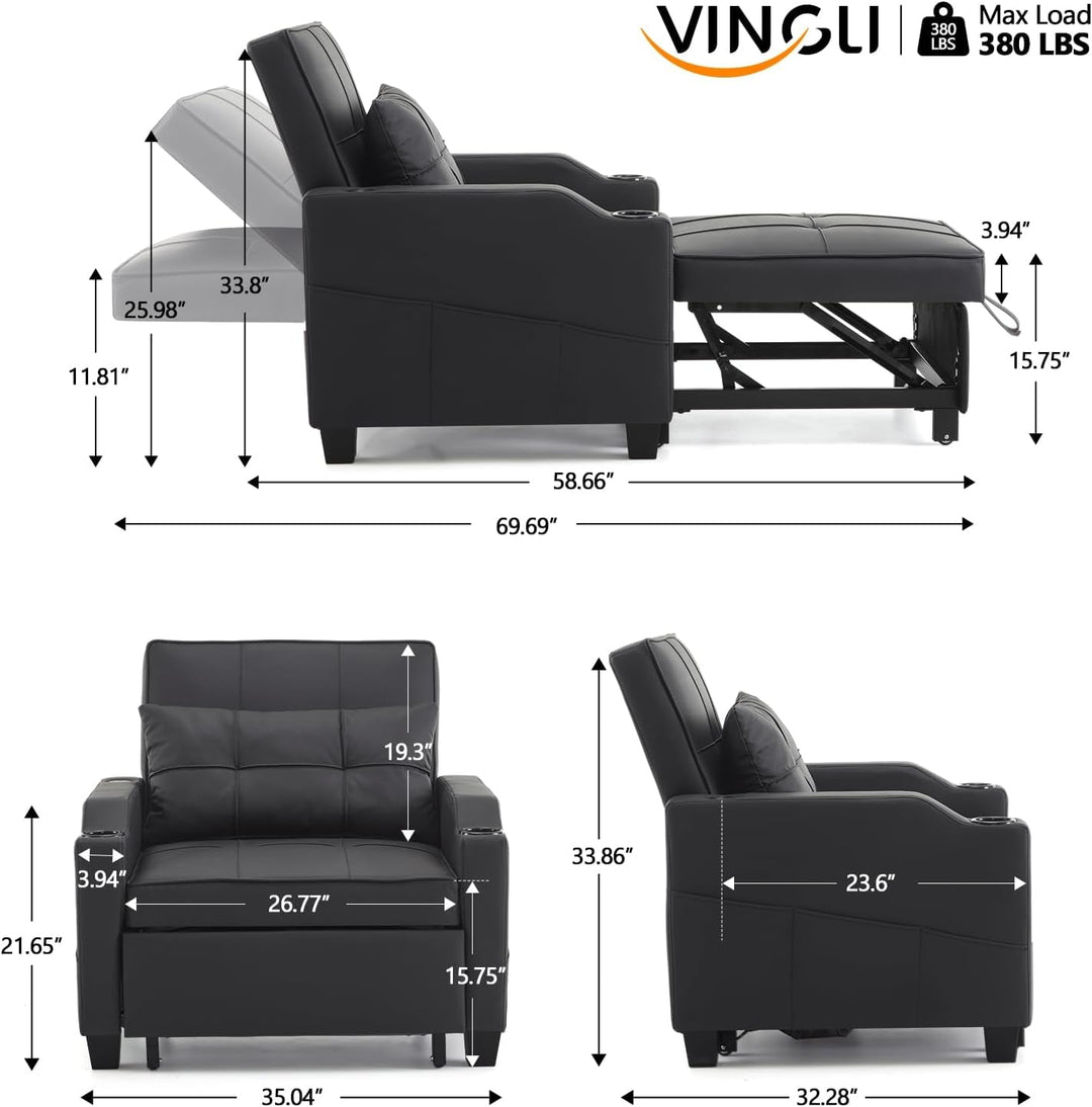 Black Multifunctional Sleeper Chair Sofa Bed Usb Ports