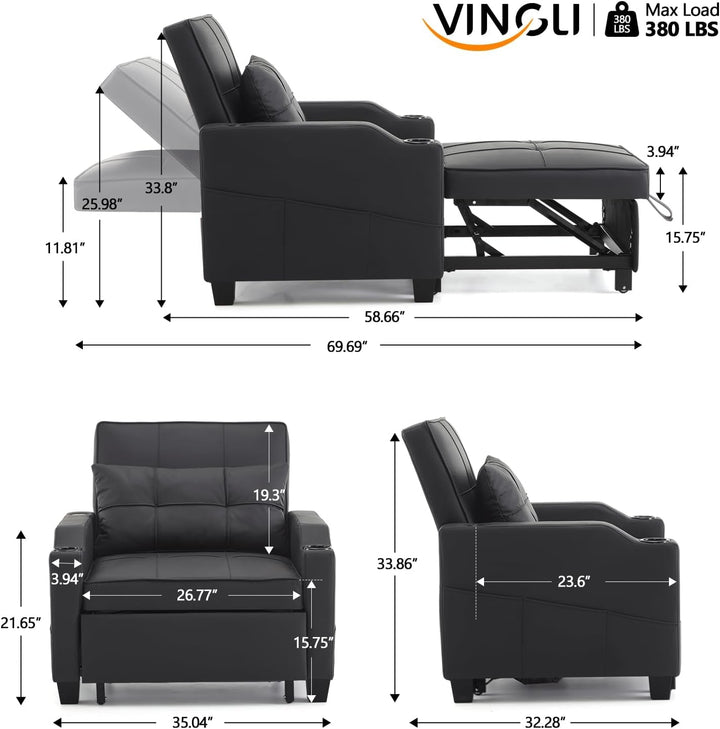 Black Multifunctional Sleeper Chair Sofa Bed Usb Ports