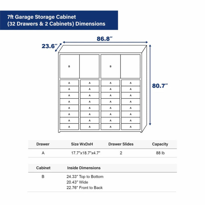 7ft Heavy-Duty Garage Storage Cabinet with 32 Drawers & 2 Lockable Cabinets