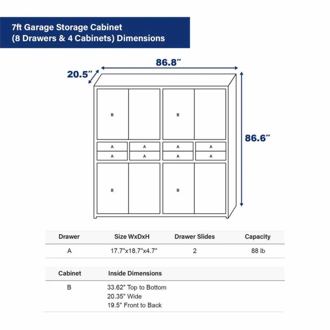 7ft Heavy Duty Garage Storage Cabinet with 8 Drawers & 4 Lockable Cabinets