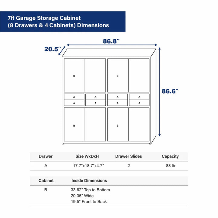 7ft Heavy Duty Garage Storage Cabinet with 8 Drawers & 4 Lockable Cabinets