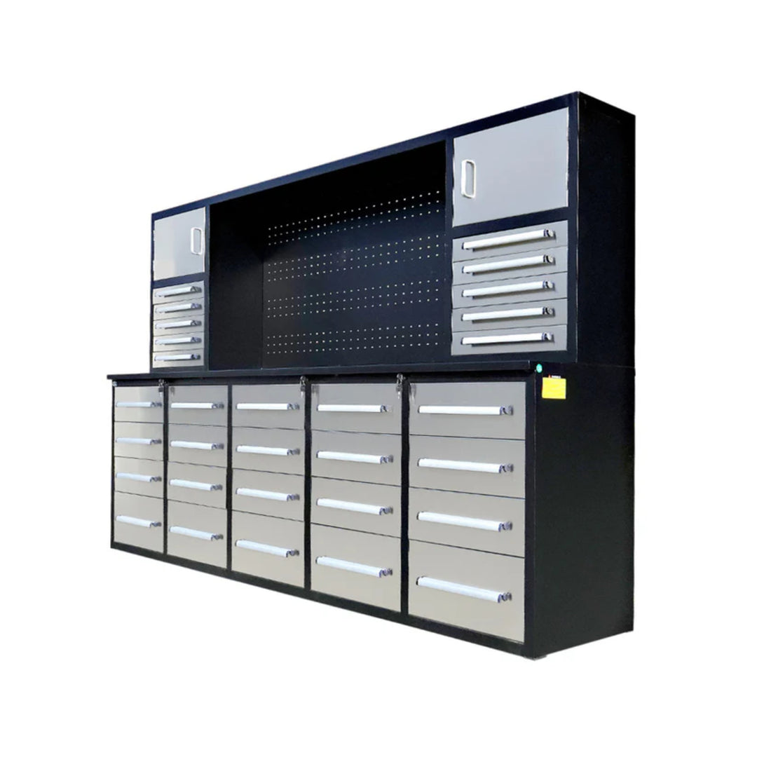 9.5ft Heavy Duty Storage Workbench with 30 Drawers, 2 Cabinets & Pegboard