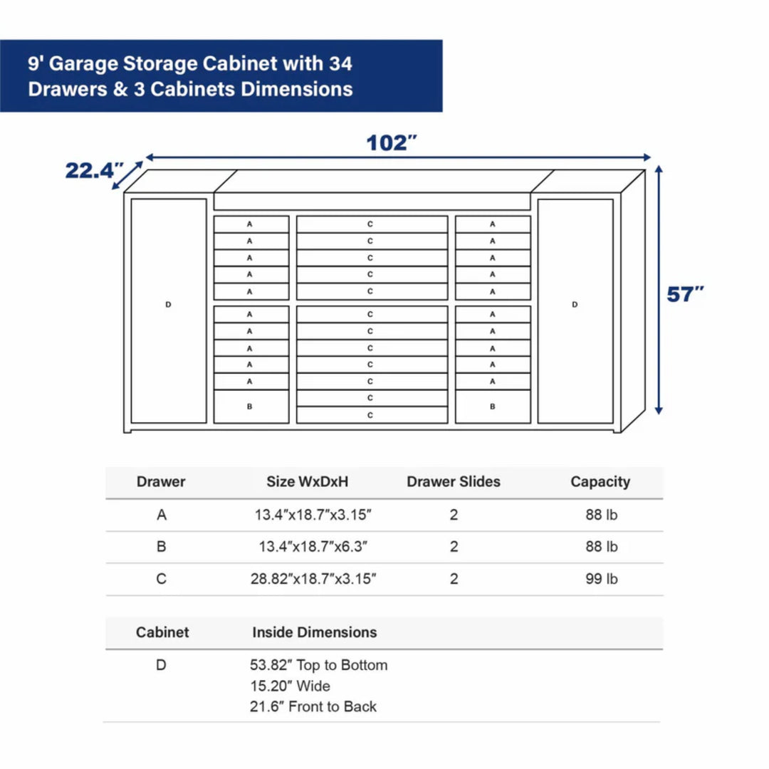 9ft Garage Storage Cabinet – Heavy Duty Workbench with 34 Drawers & 2 Cabinets