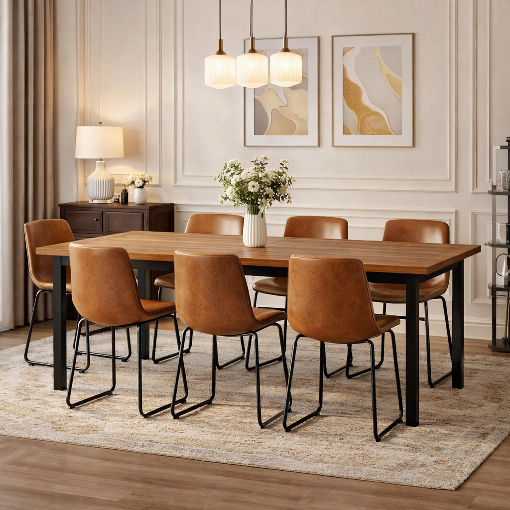 69" Farmhouse Acacia Dining Table Set with 6 Faux Leather Chairs