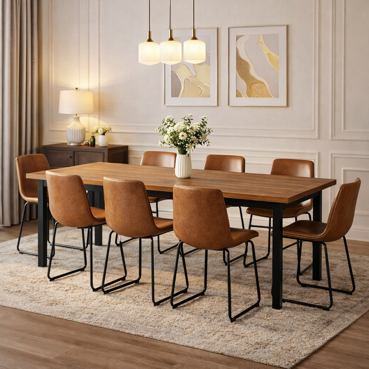 69" Farmhouse Acacia Dining Table Set with 6 Faux Leather Chairs