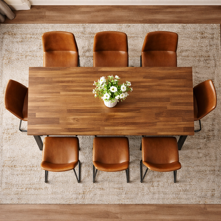 69" Farmhouse Acacia Dining Table Set with 6 Faux Leather Chairs