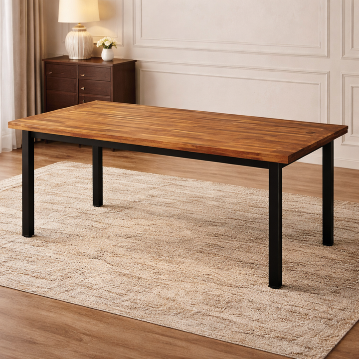 69" Farmhouse Acacia Dining Table Set with 6 Faux Leather Chairs