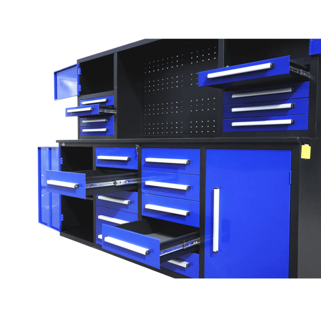 7 ft Garage Workbench Cabinet – 18 Drawers, 4 Cabinets & Pegboard