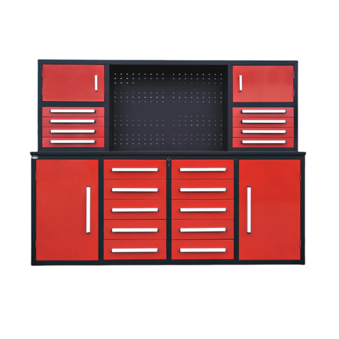 7 ft Garage Workbench Cabinet – 18 Drawers, 4 Cabinets & Pegboard
