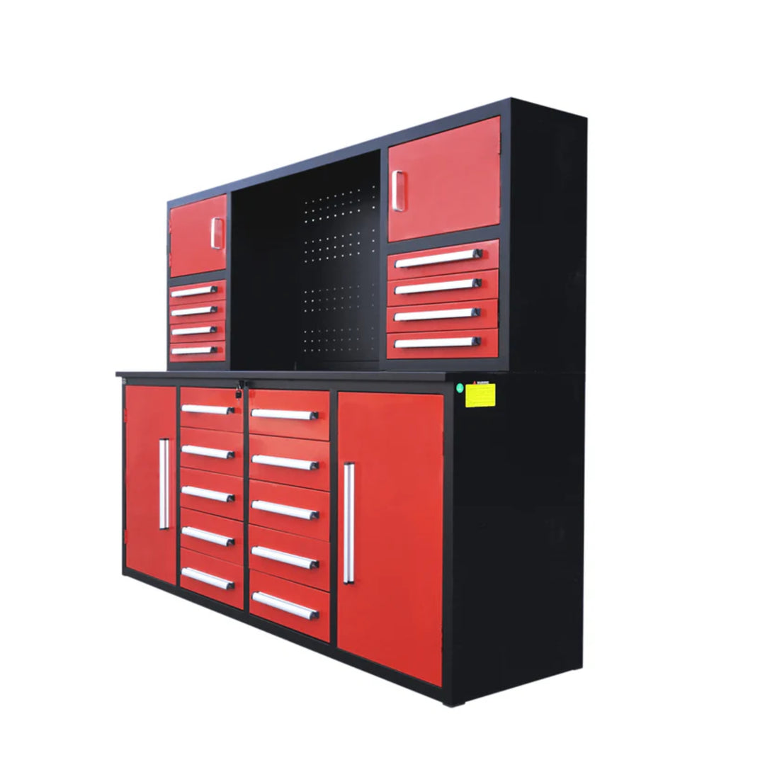 7 ft Garage Workbench Cabinet – 18 Drawers, 4 Cabinets & Pegboard