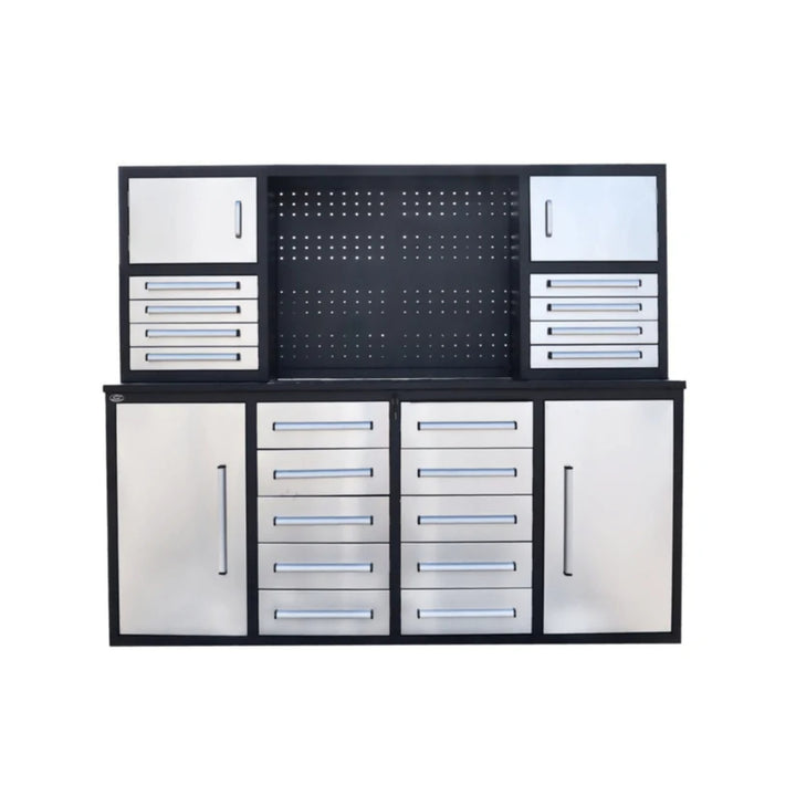 7 ft Garage Workbench Cabinet – 18 Drawers, 4 Cabinets & Pegboard