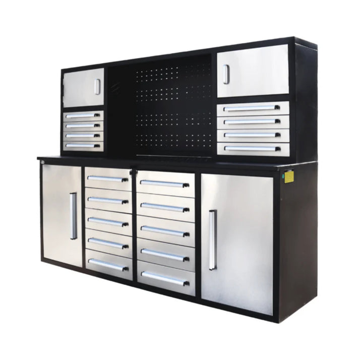 7 ft Garage Workbench Cabinet – 18 Drawers, 4 Cabinets & Pegboard