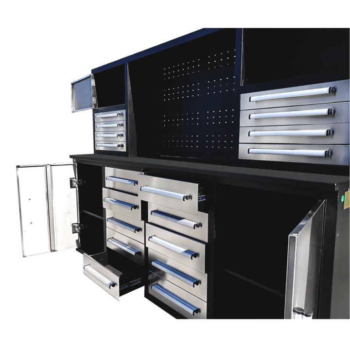 7 ft Garage Workbench Cabinet – 18 Drawers, 4 Cabinets & Pegboard