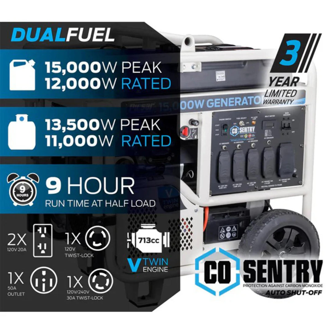 15,000W Dual Fuel Portable Generator with Electric Start & 713cc V-Twin Engine