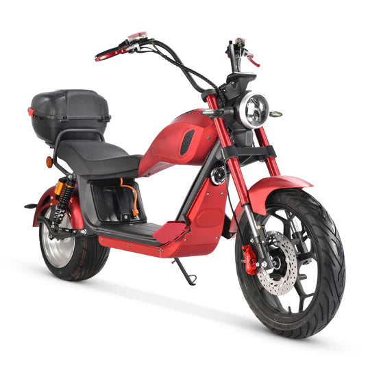 Red electric scooter with a black seat on a white background