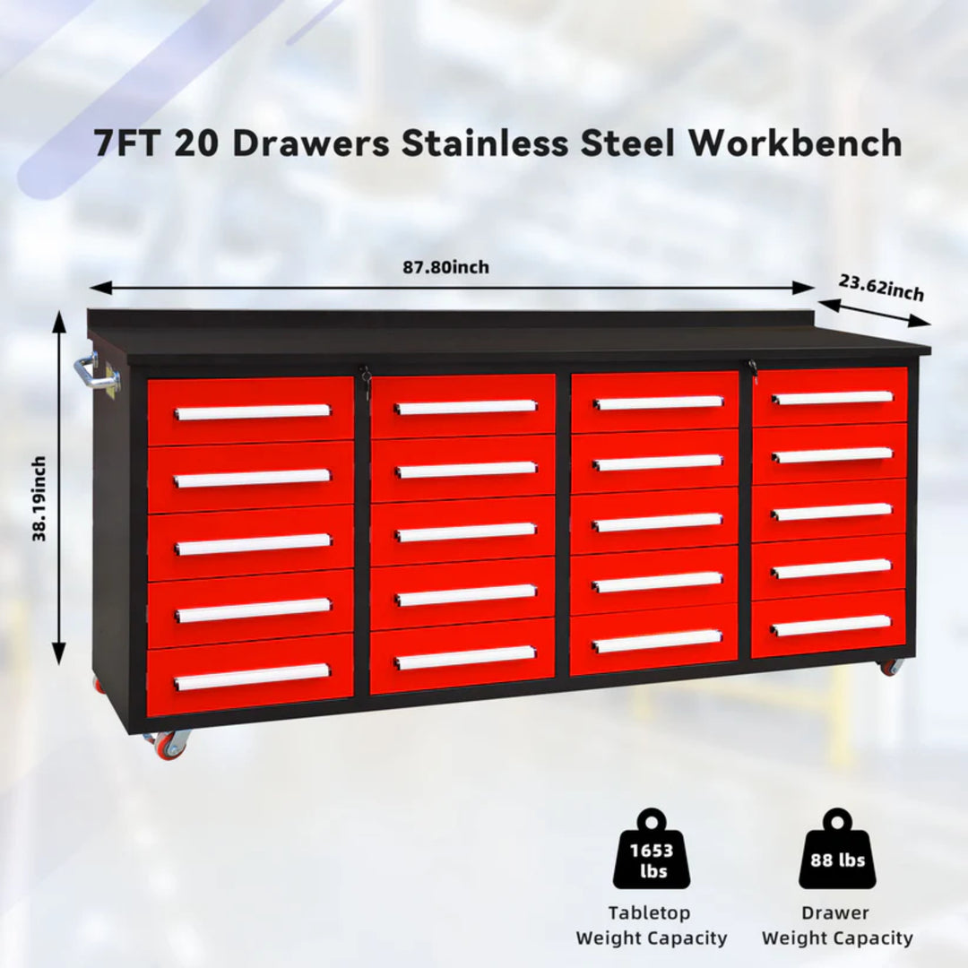 7ft Heavy Duty Garage Workbench Cabinet (20 Drawers)