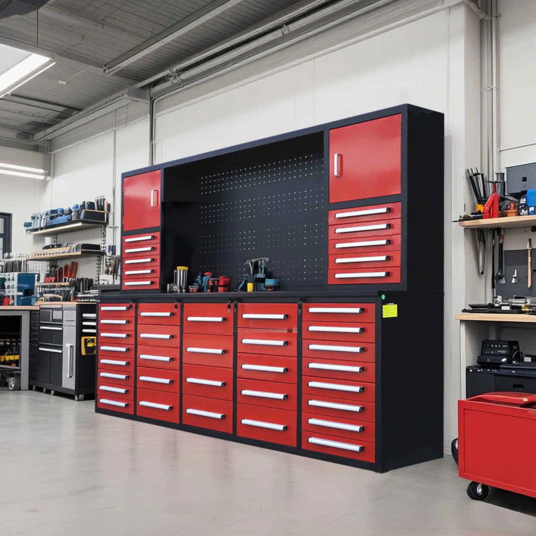 10ft Heavy Duty Workbench Cabinet with 40 Drawers, 2 Cabinets & Pegboard