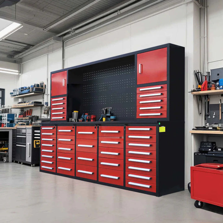 10ft Heavy Duty Workbench Cabinet with 40 Drawers, 2 Cabinets & Pegboard