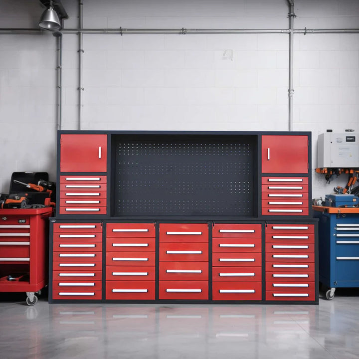 10ft Heavy Duty Workbench Cabinet with 40 Drawers, 2 Cabinets & Pegboard