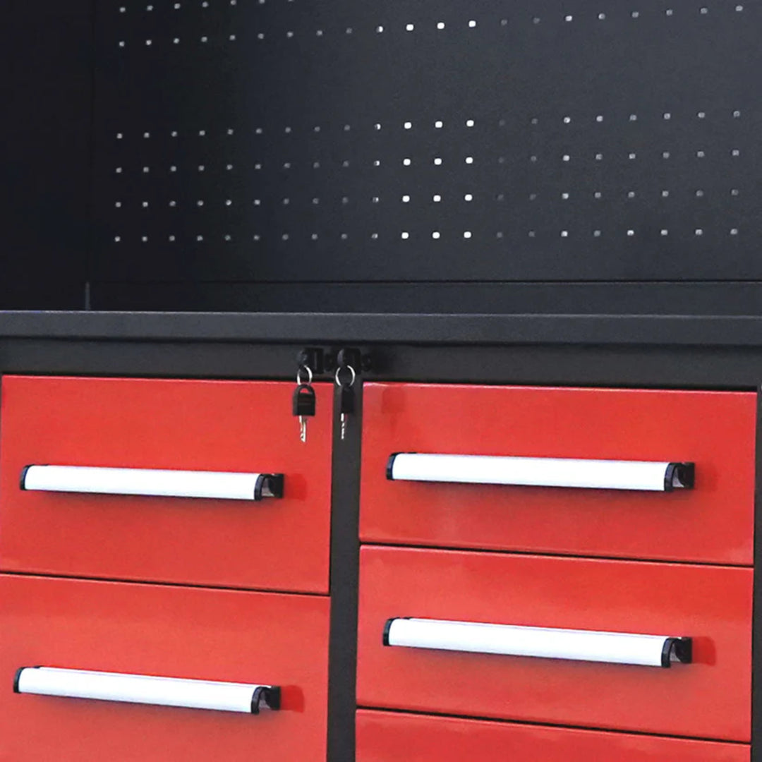 10ft Heavy Duty Workbench Cabinet with 40 Drawers, 2 Cabinets & Pegboard