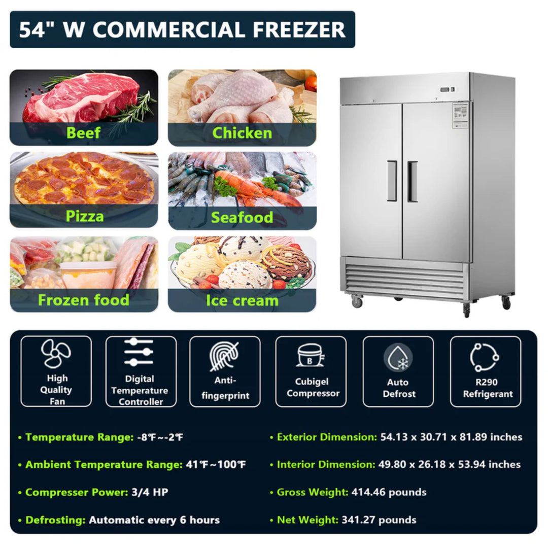 54" Commercial Freezer – 42 cu. ft. Double Solid Door