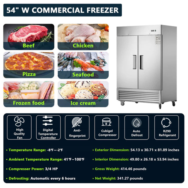 54" Commercial Freezer – 42 cu. ft. Double Solid Door
