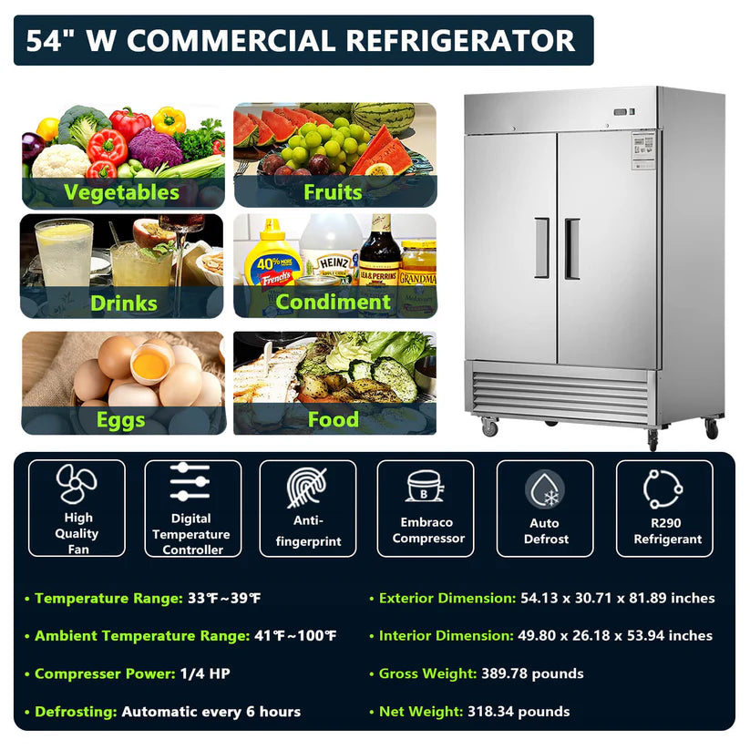 54" Commercial Refrigerator – 42 cu. ft. Double Solid Door