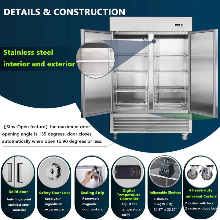 54" Commercial Refrigerator – 42 cu. ft. Double Solid Door