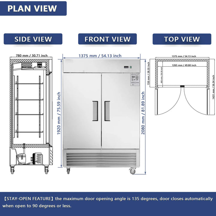 54" Commercial Refrigerator – 42 cu. ft. Double Solid Door